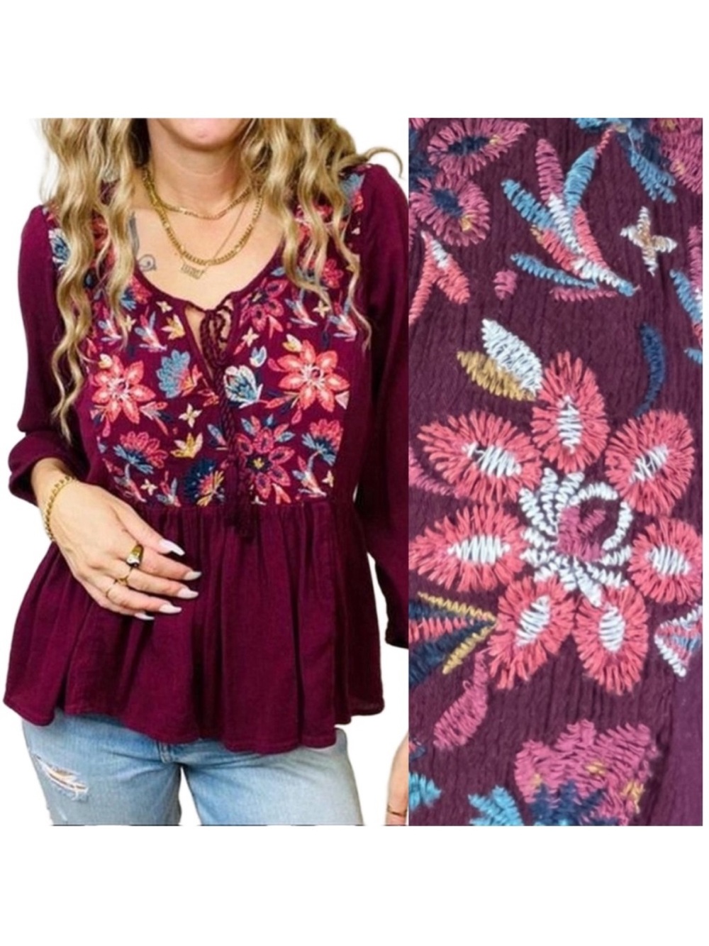$8 if bundled AMERICAN EAGLE Burgundy Embroidered Floral Pheasant Top Small Boho